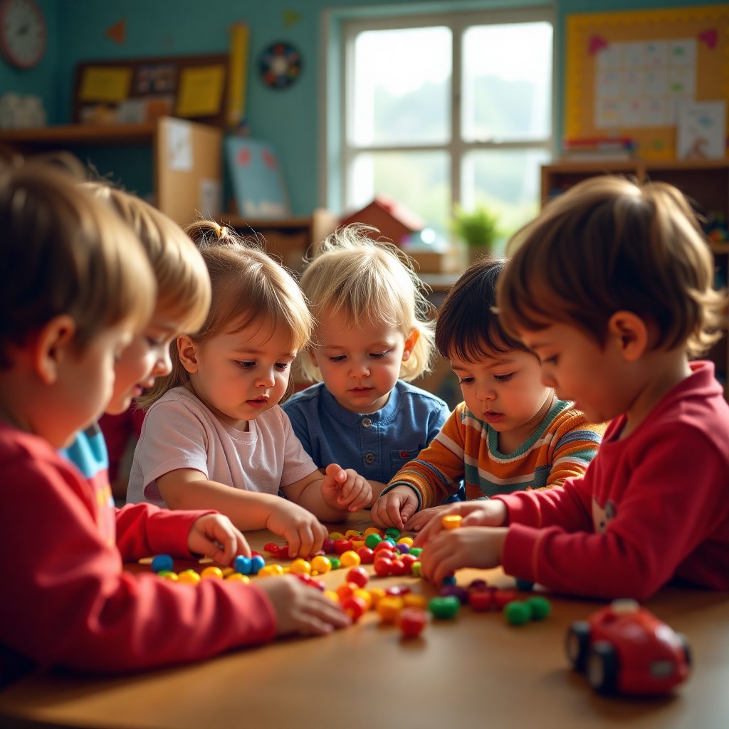 Several young children are interacting with colored beads on a table