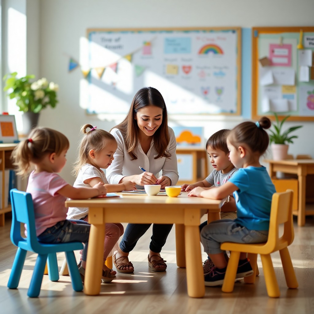 Preschool teacher is sitting at a table engaging in an activity with four young children