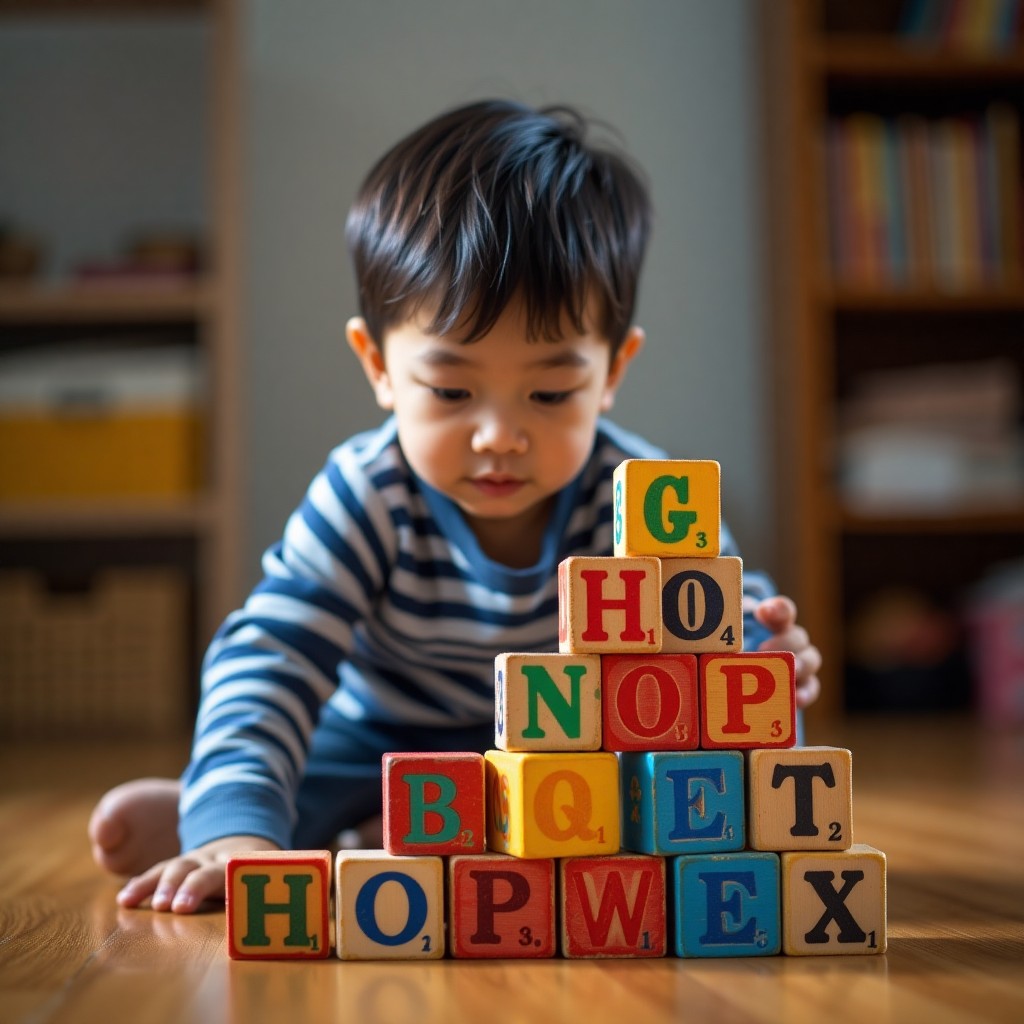 young child playing with wooden blocks
