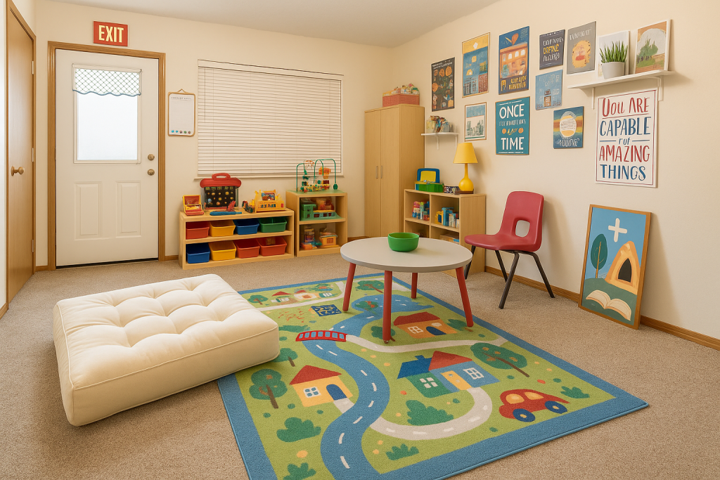 A family, in home care environment with colorful toys, a rug, small table and floor cushion.