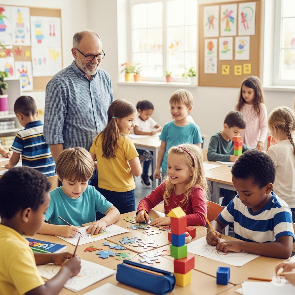 Several kids are engaged in classroom activities while a teach observes