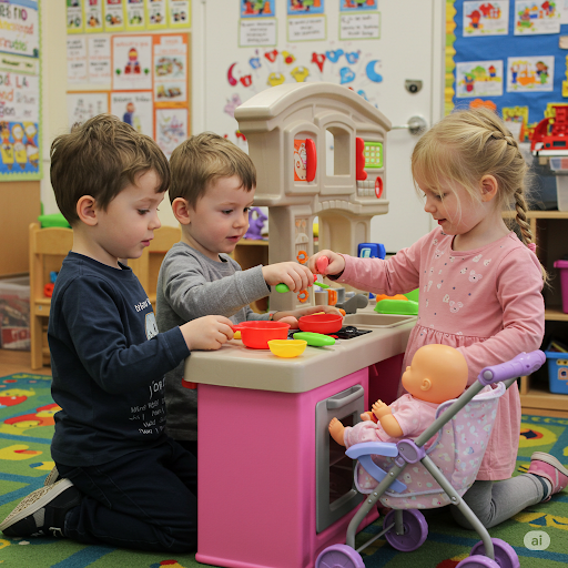 Three children are playing with a kitchen set. One of these children is also playing with a baby doll.