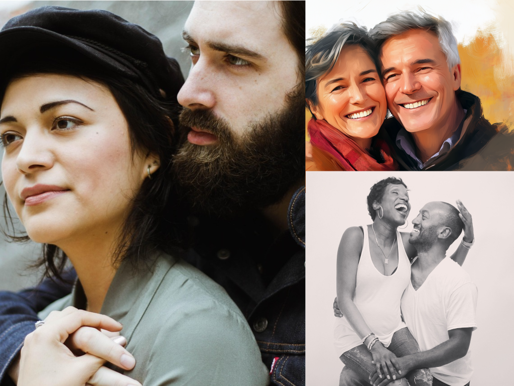 Image derived from work by Stephane, Solie Jordan, & Pexels, via Pixabay is licensed under CC0 Three couples, each holding one another, to demonstrate older middle aged adults