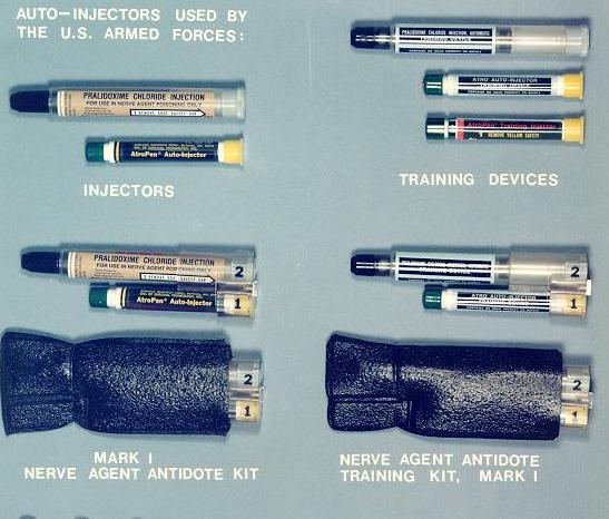 Various auto injectors, training devices, and MARK 1 nerve agent antidote kits