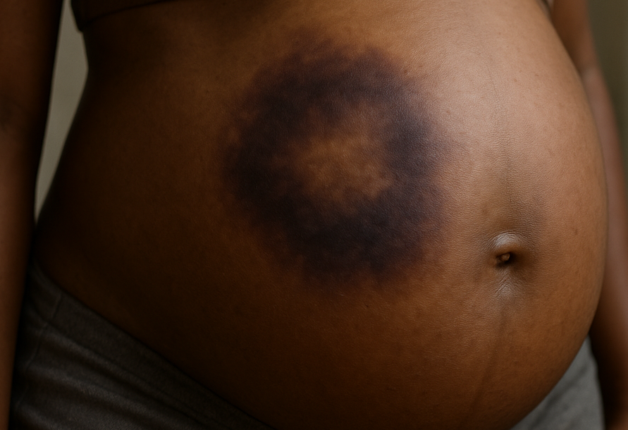 Bruising on the upper area of a pregnant woman's abdomen