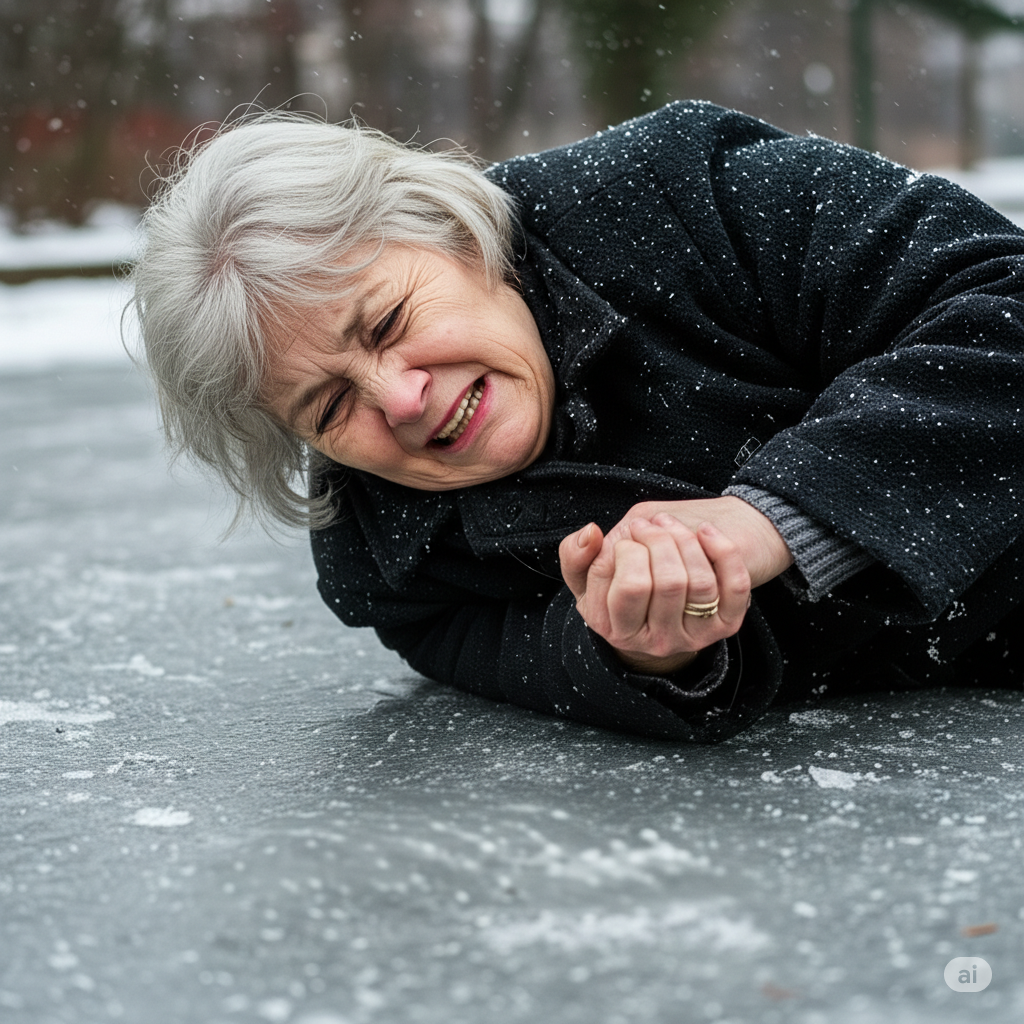 An older woman is laying an icy surface outdoors, a look of pain on her face.