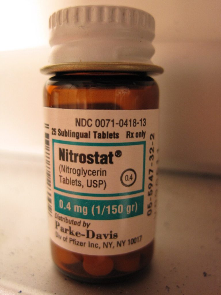 “Nitroglycerin (1).JPG” by Intropin is licensed under CC BY 3.0 A bottle of Nitrostat brand nitroyglycerin tablets
