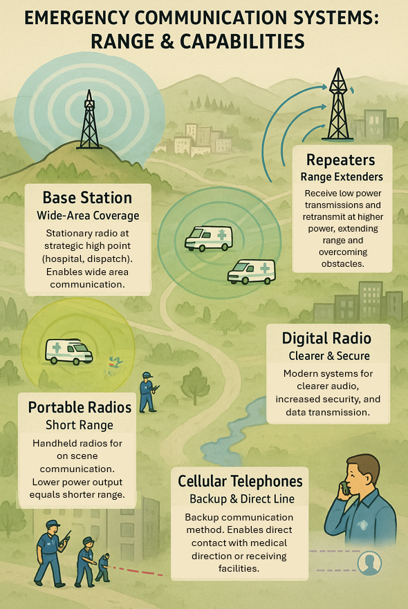 Infographic detailing emergency communication systems range and capabilities, as described in text