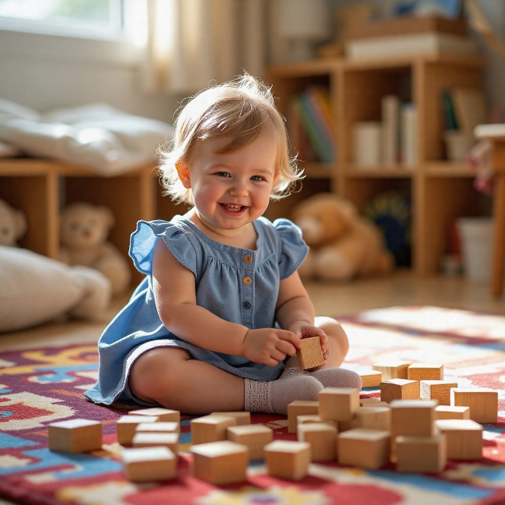 A young child is sitting upright, playing with toy blocks