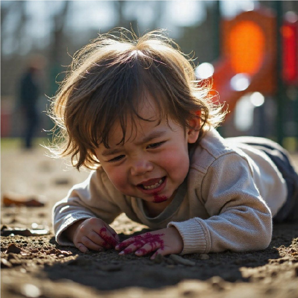 A small child is lying on the ground crying, with playground equipment in the background. The child is bleeding from the chin.