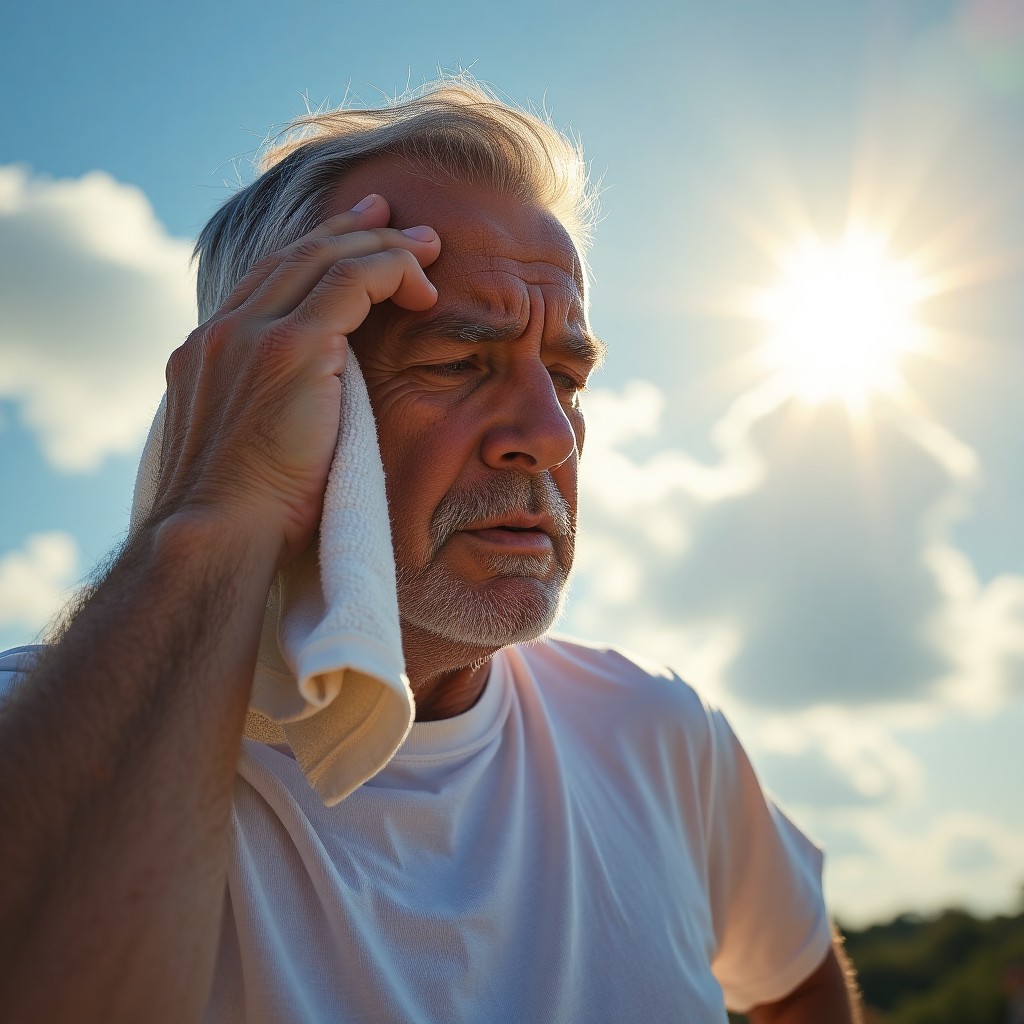 A simulated person is sweating and looking uncomfortable in the bright sun