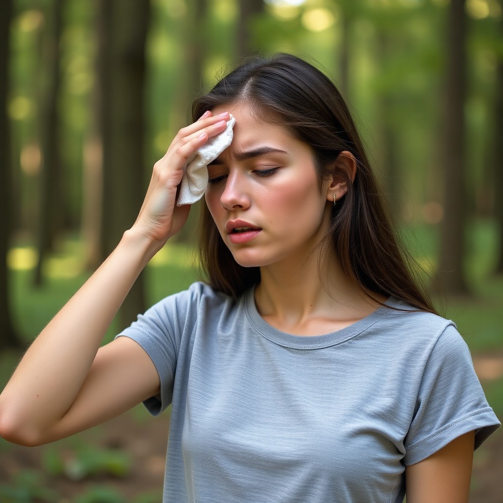 A simulated person showing discomfort outdoors due to heat
