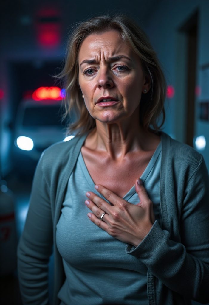 A middle aged woman with hand on her chest, a look of discomfort on her face