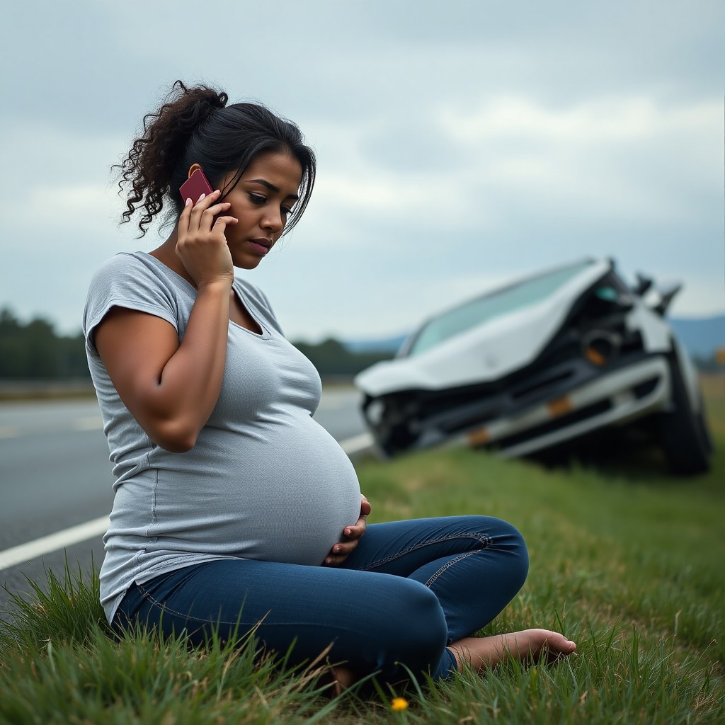 A pregnant woman sits on the side of a road, cellphone to ear. A wrecked vehicle can be seen in the background.
