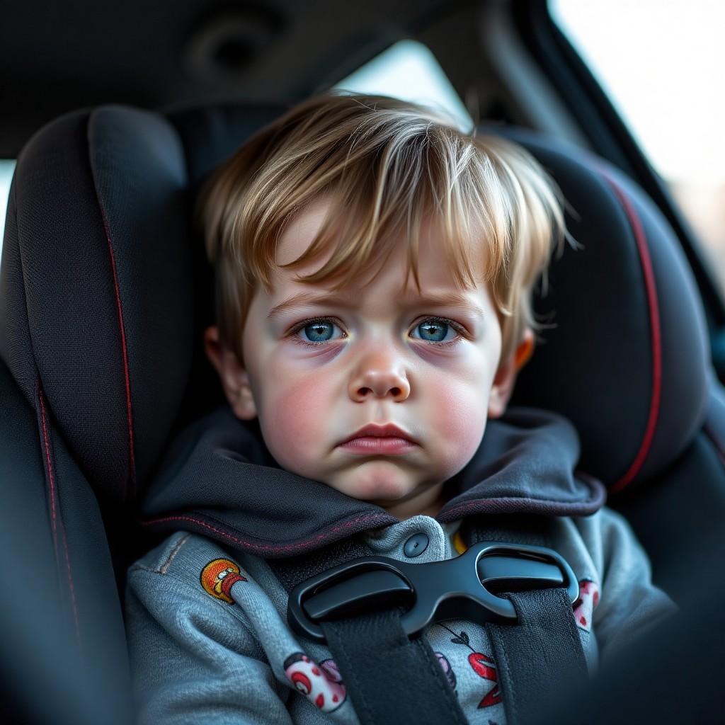 A young child is sitting in a car seat looking flushed and near tears