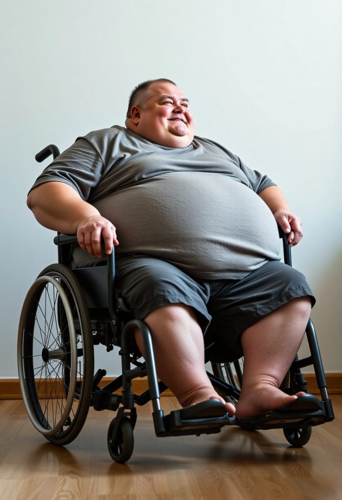 A bariatric patient is seated in a wheelchair