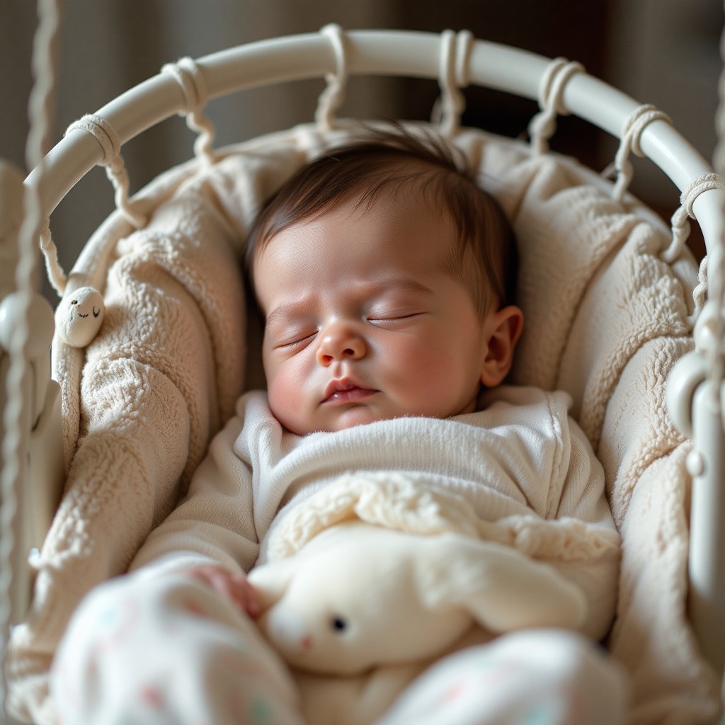 An infant sleeping in a baby chair