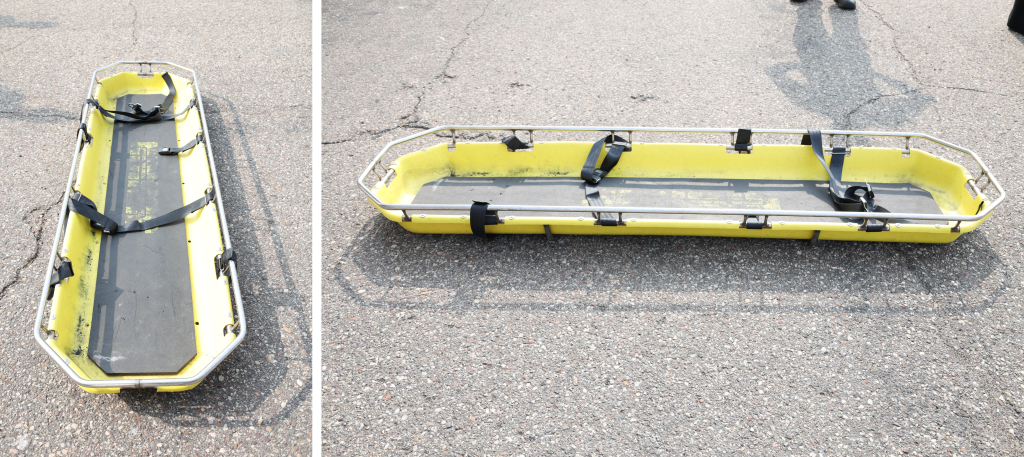A basket stretcher is shown from two views