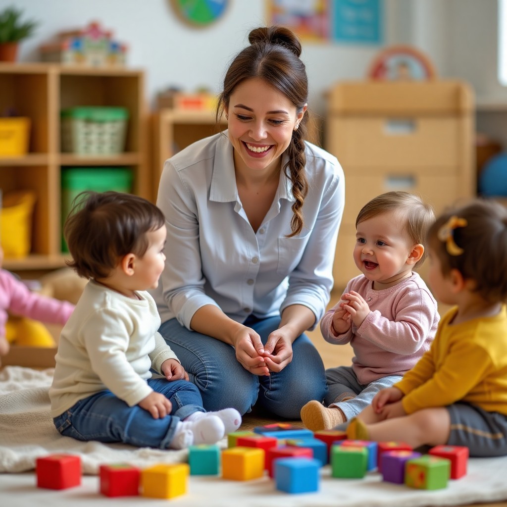 Daycare worker sitting on the floor engaging in play with three children who appear to be under the age of one