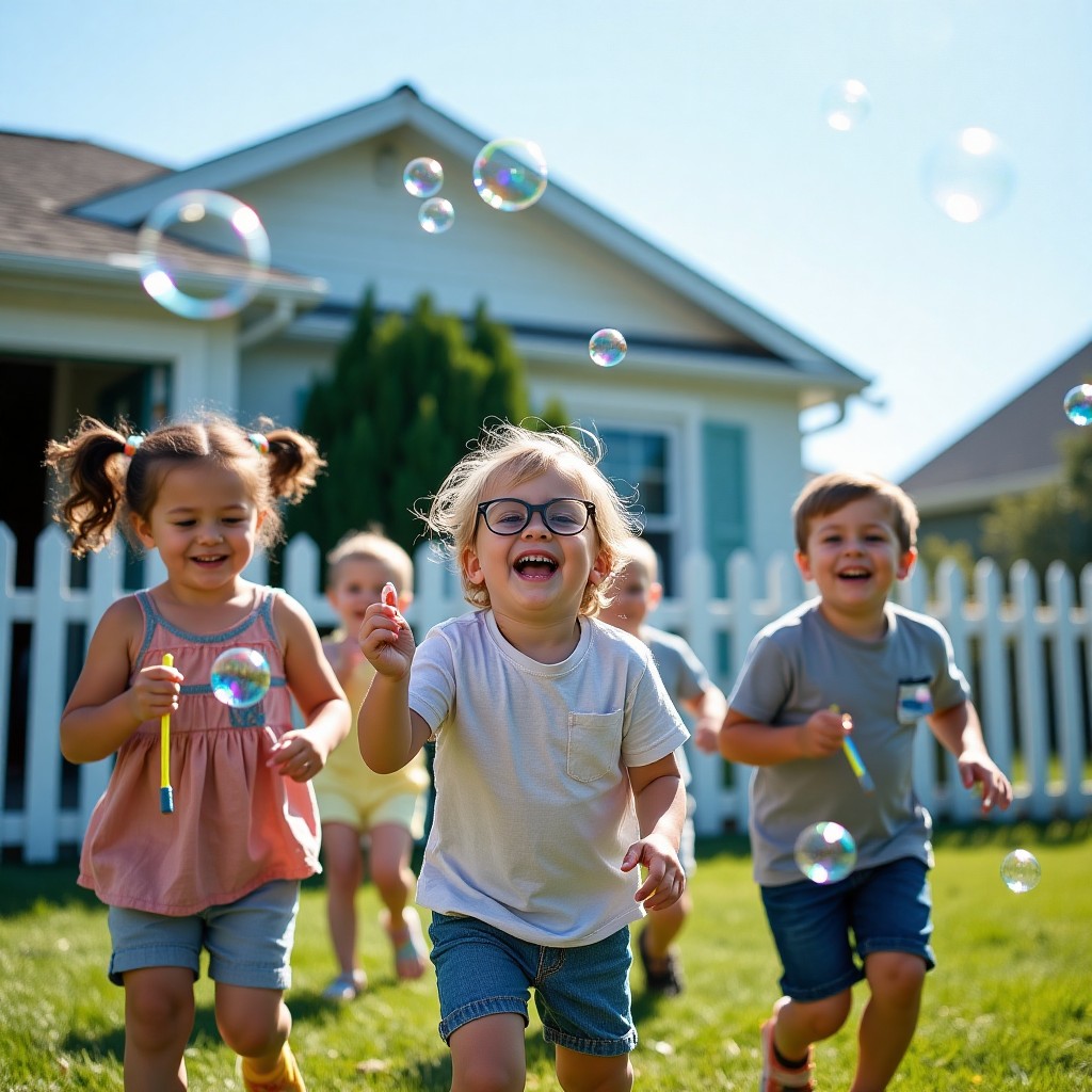 Several children playing in a fenced yard with bubbles