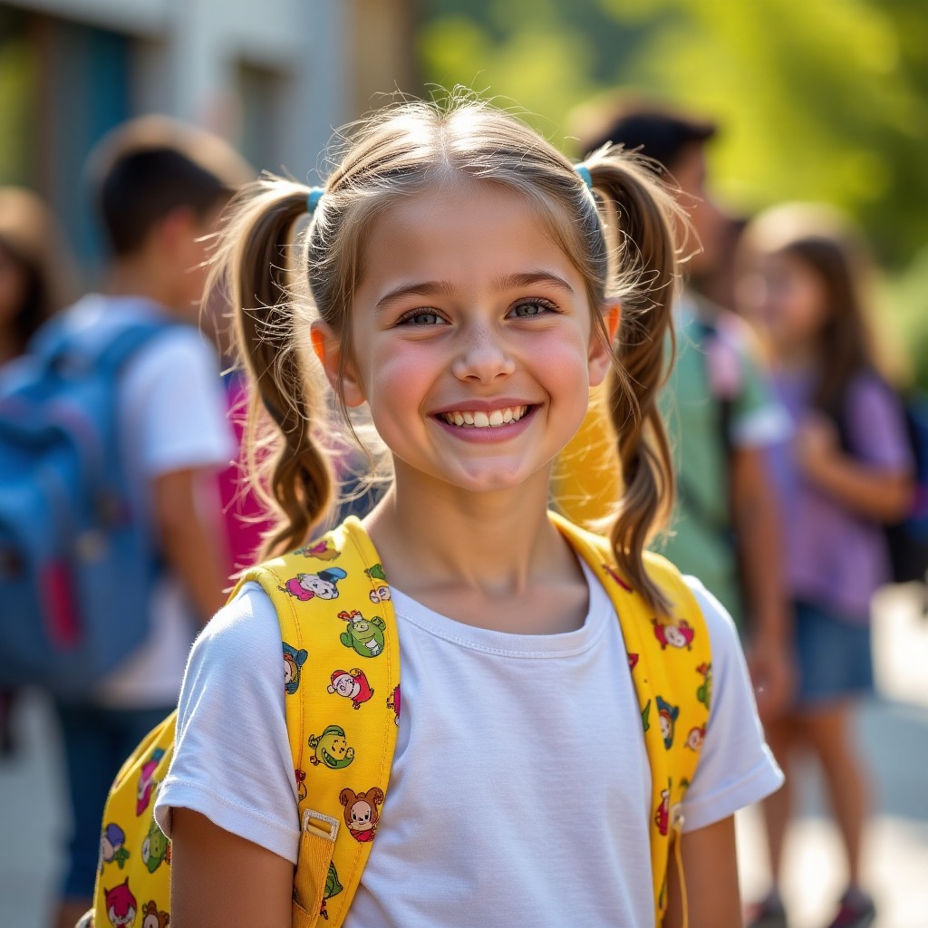 A school aged child is standing in the foreground, smiling at viewer, while wearing a backback