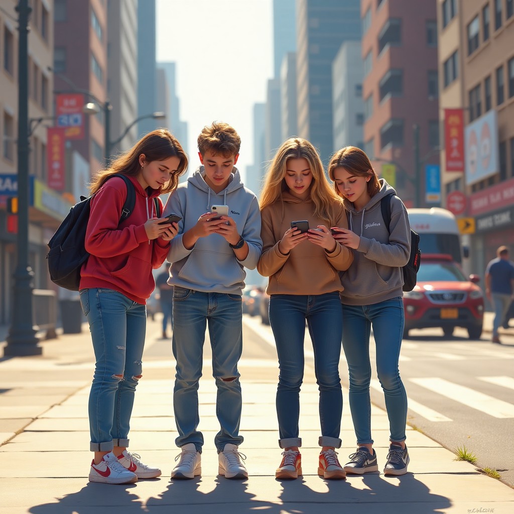A group of teens are standing together on a city sidewalk, looking at their cellphones