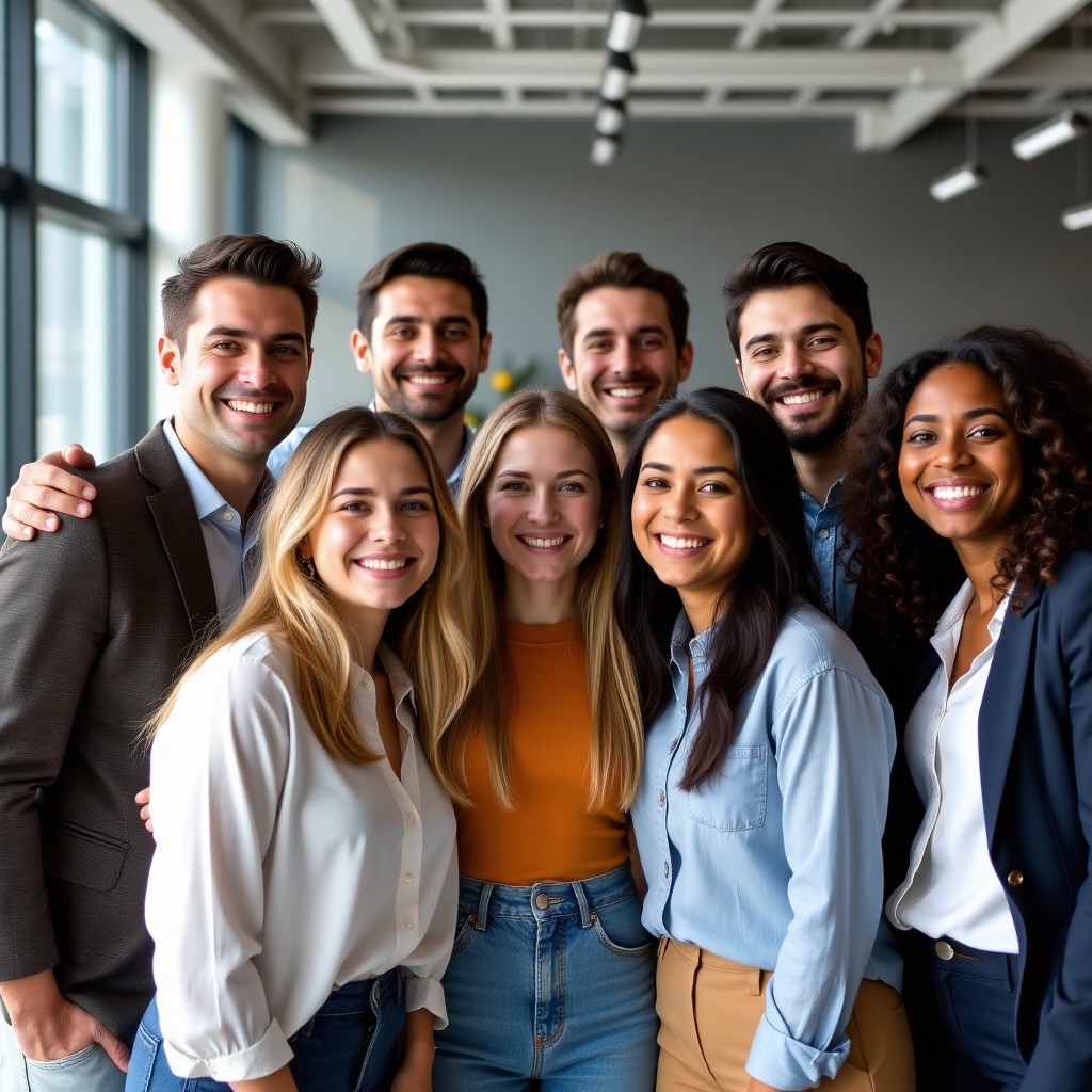 A group of young adult professionals are standing together in an office setting, smiling at the viewer