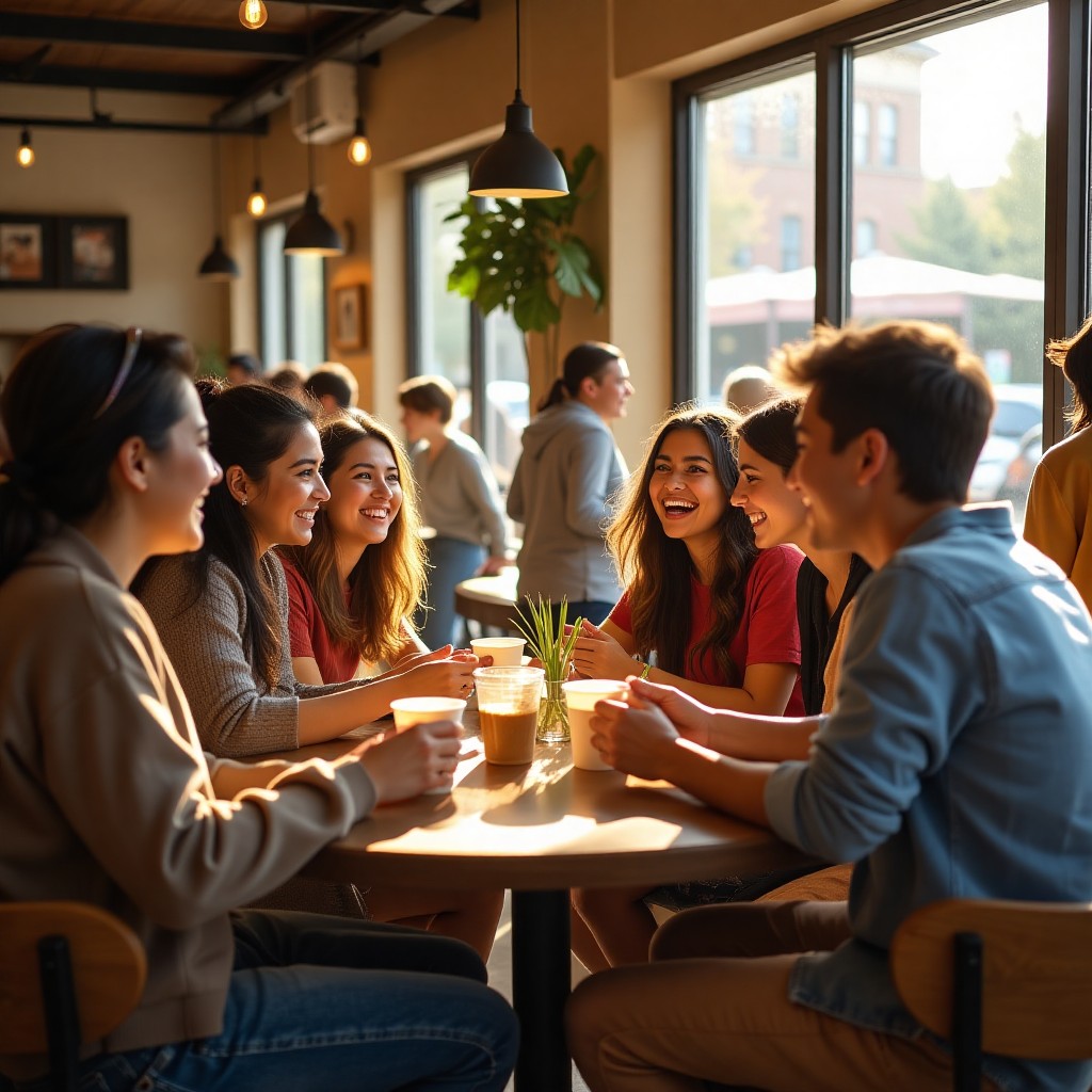 Several young adults are sitting around a small table in a coffee shop, socializing