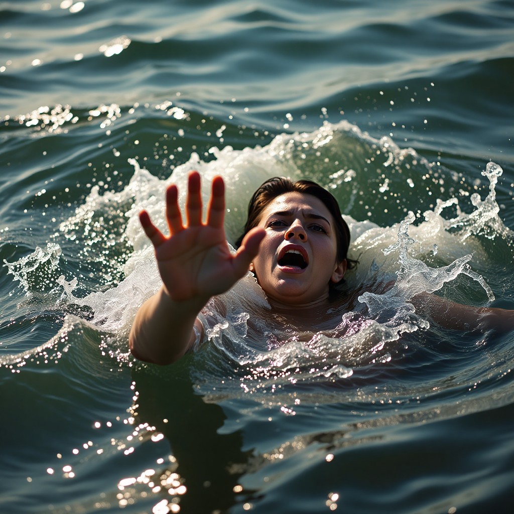 A simulated person is reaching out from the water, face contorted in distress as they appear to be drowning