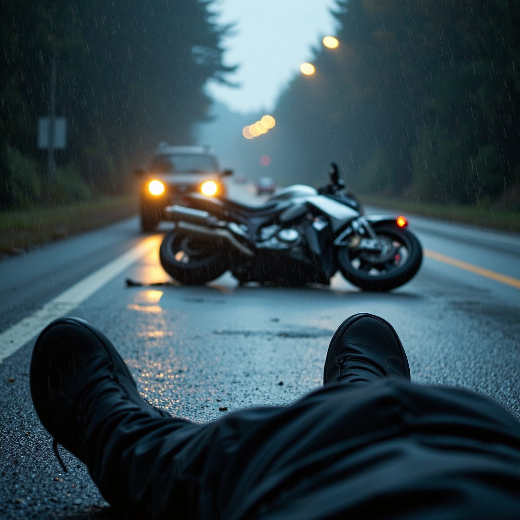 A simulated person's legs and feet are visible, from where they lie on a wet roadway, with a tipped motorcycle and other vehicles in the background.