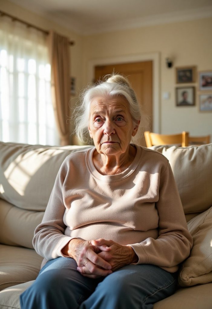 An elderly woman is sitting along on a sofa. She appears tired.