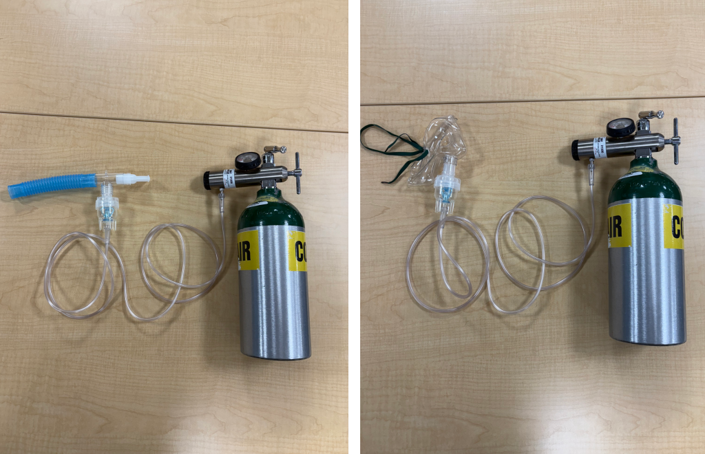 An oxygen cylinder with a nebulizer attachment and an oxygen cylinder with a mask attachment