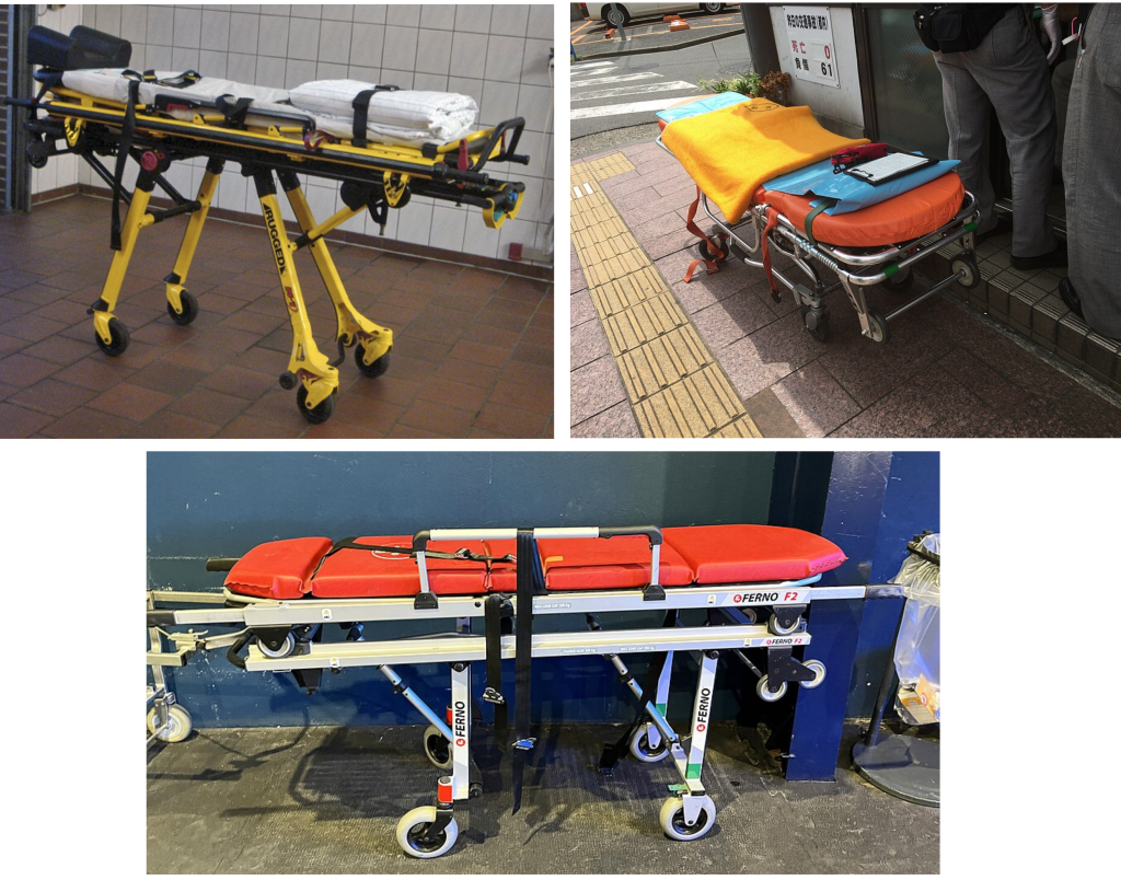 Three variations of a wheeled stretcher