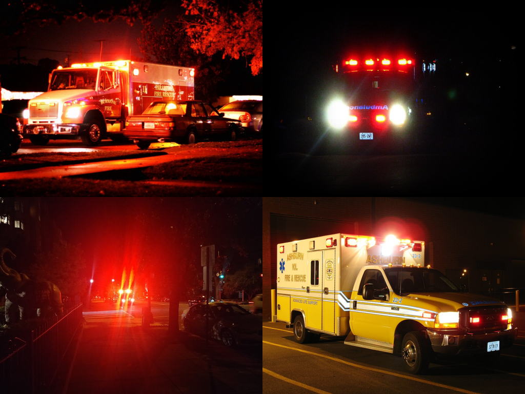 This image is derivative of "3112965594_f13238a9a4_b" by Eric Norris and is licensed under CC BY 2.0, "Ambulance_Toronto_March_2010" by Michael Gil from Toronto, ON, Canada is licensed under CC BY 2.0, "Ambulance_with_lights_flashing_at_night" by Kurt Kaiser is licensed under CC0, Public Domain, and "A23-2night1" by MPD01605 is licensed under CC BY-SA 2.5 Four ambulances with their emergency lights on at night