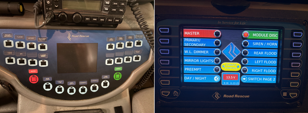 An older, analog E M R switch console and a newer, digital E M R switch console