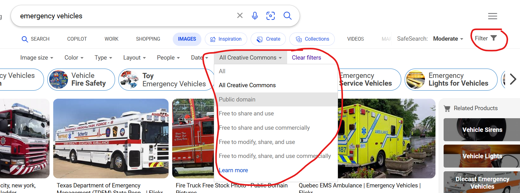 Image showing how to use Edge browser tools to narrow a search for C C licensed rimages