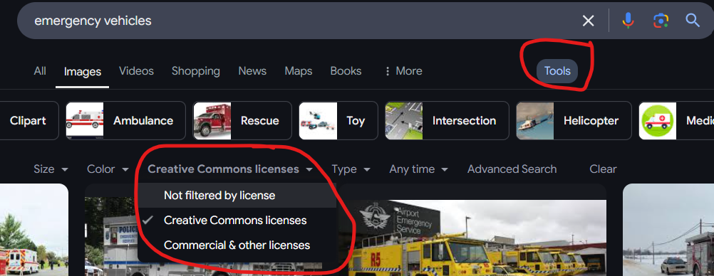 Image showing how to use Google browser tools to narrow a search for C C licensed images