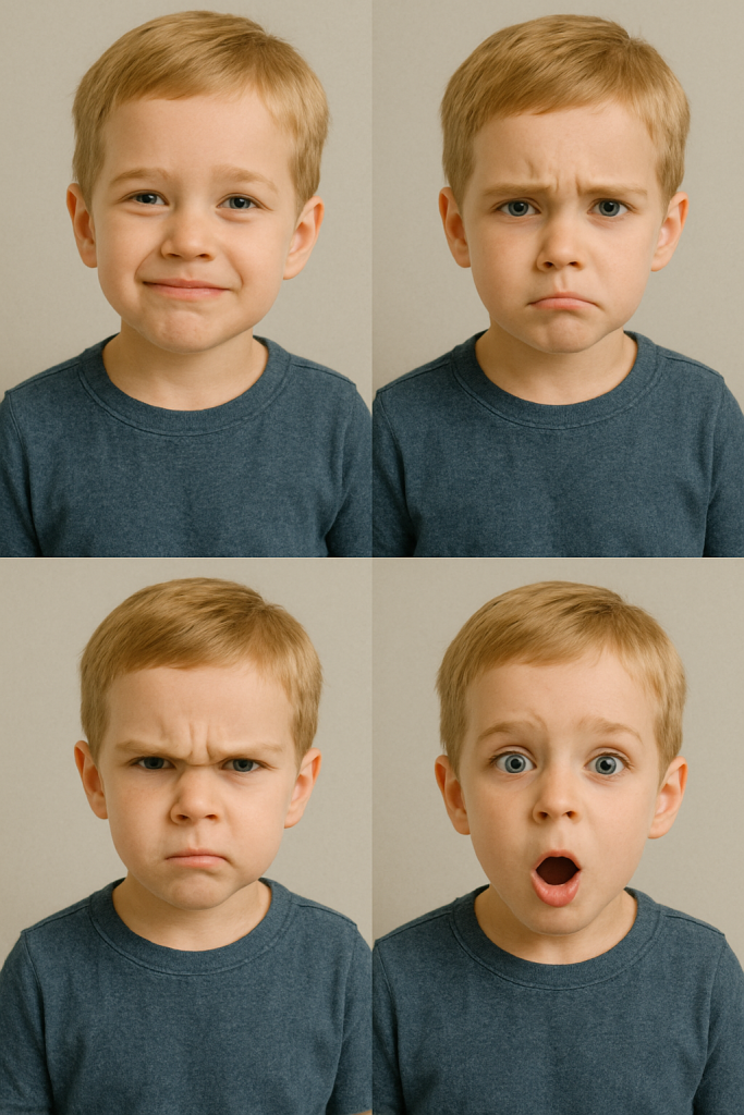 A young child showing four different expressions
