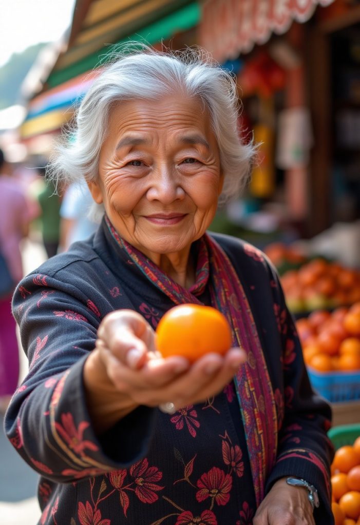 A smiling, elderly Asian woman is offering the viewer an orange