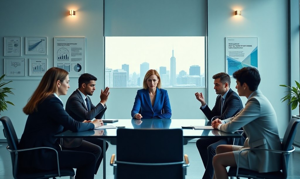 A meeting of five business professionals, with a woman at the head of the table