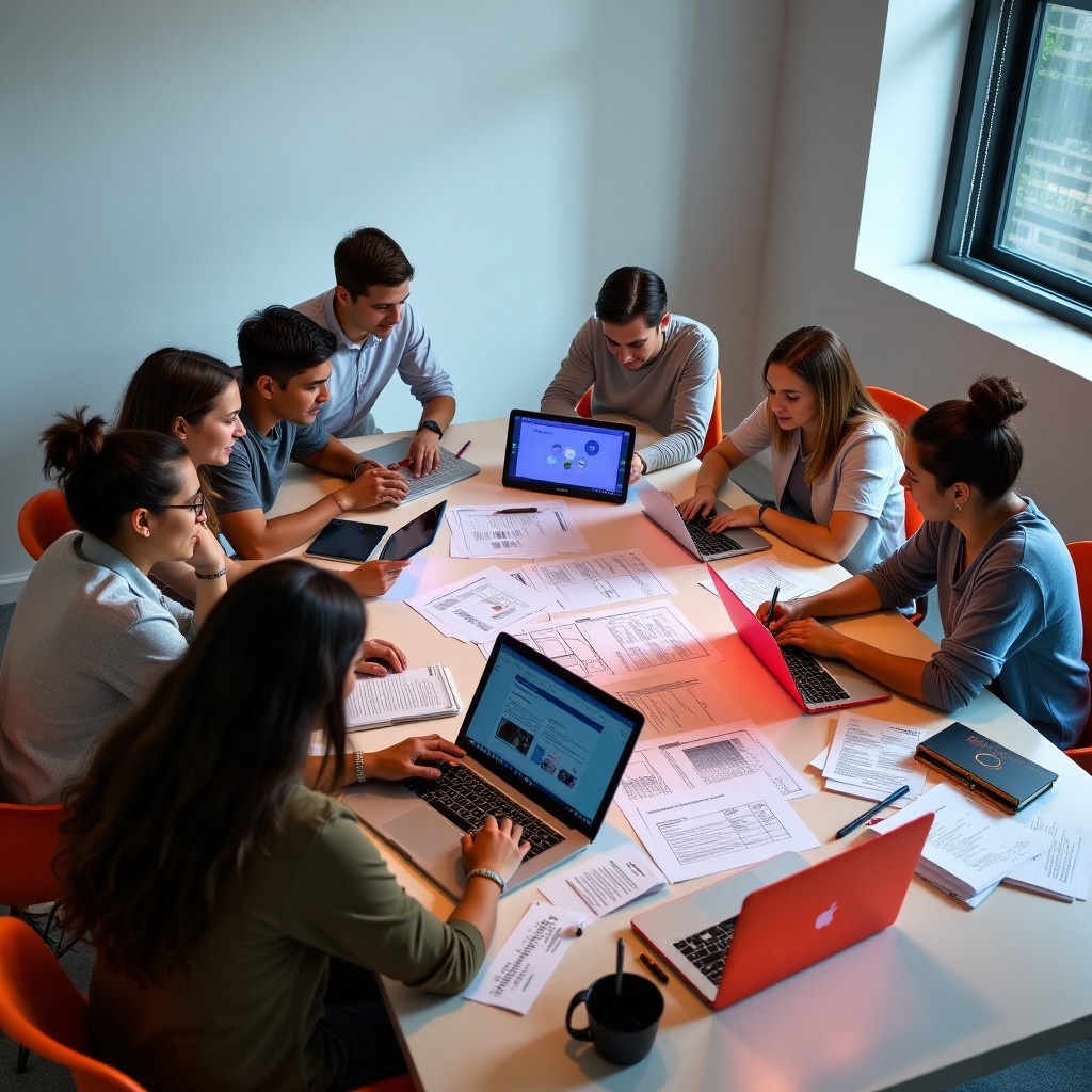Several students working together on a project, using laptops and personal devices