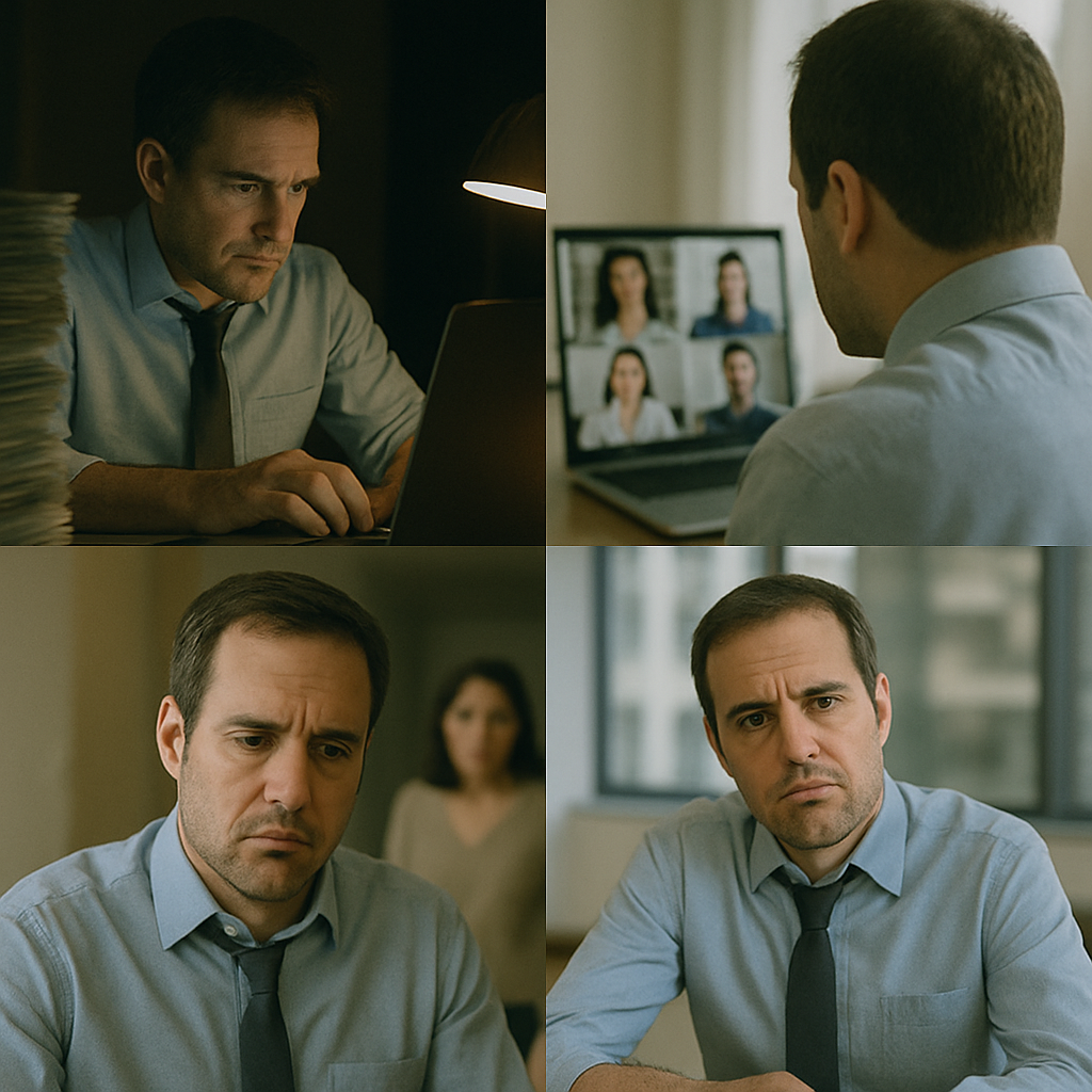 Four panels showing the worker described in the example story