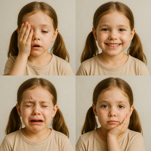 A young female child is showing four different facial expressions