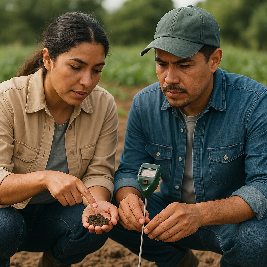 Two people are crouched down testing soil in a field