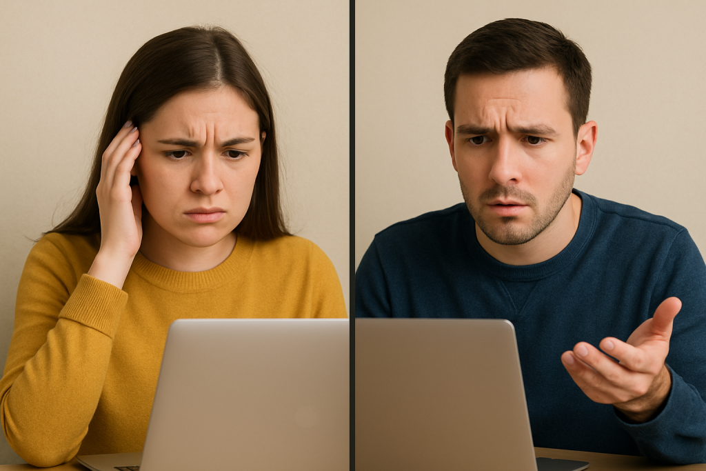 A man and a woman are seen in separate environments, both looking at a laptop with confused expressions