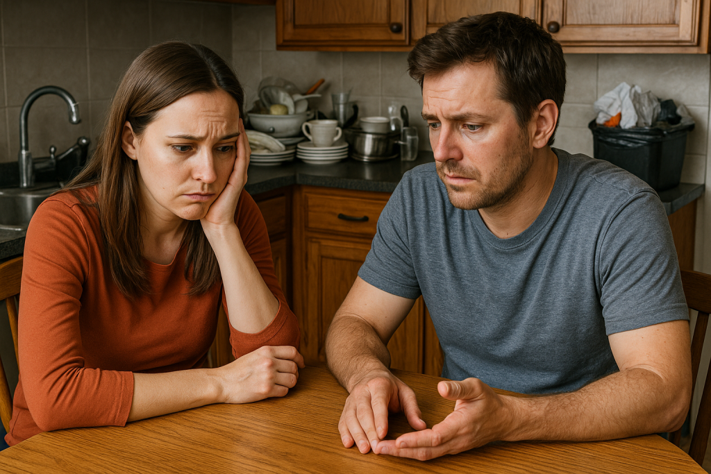 A couple are sitting at a small table looking frustrated. There are dirty dishes and trash piled up behind them.
