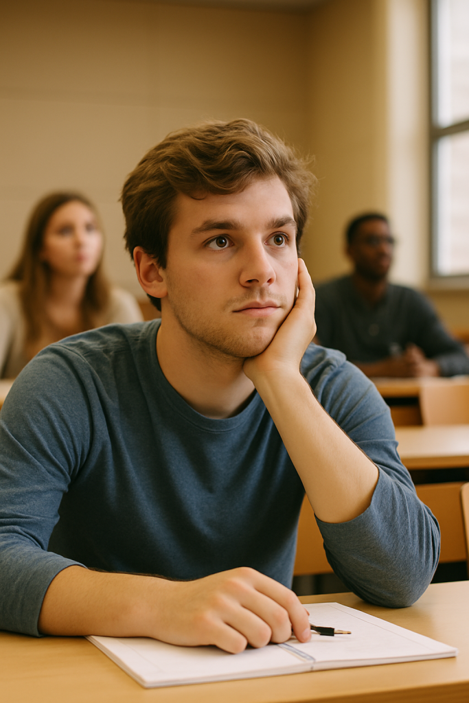 A student is listening in a classroom, heading resting on his hand