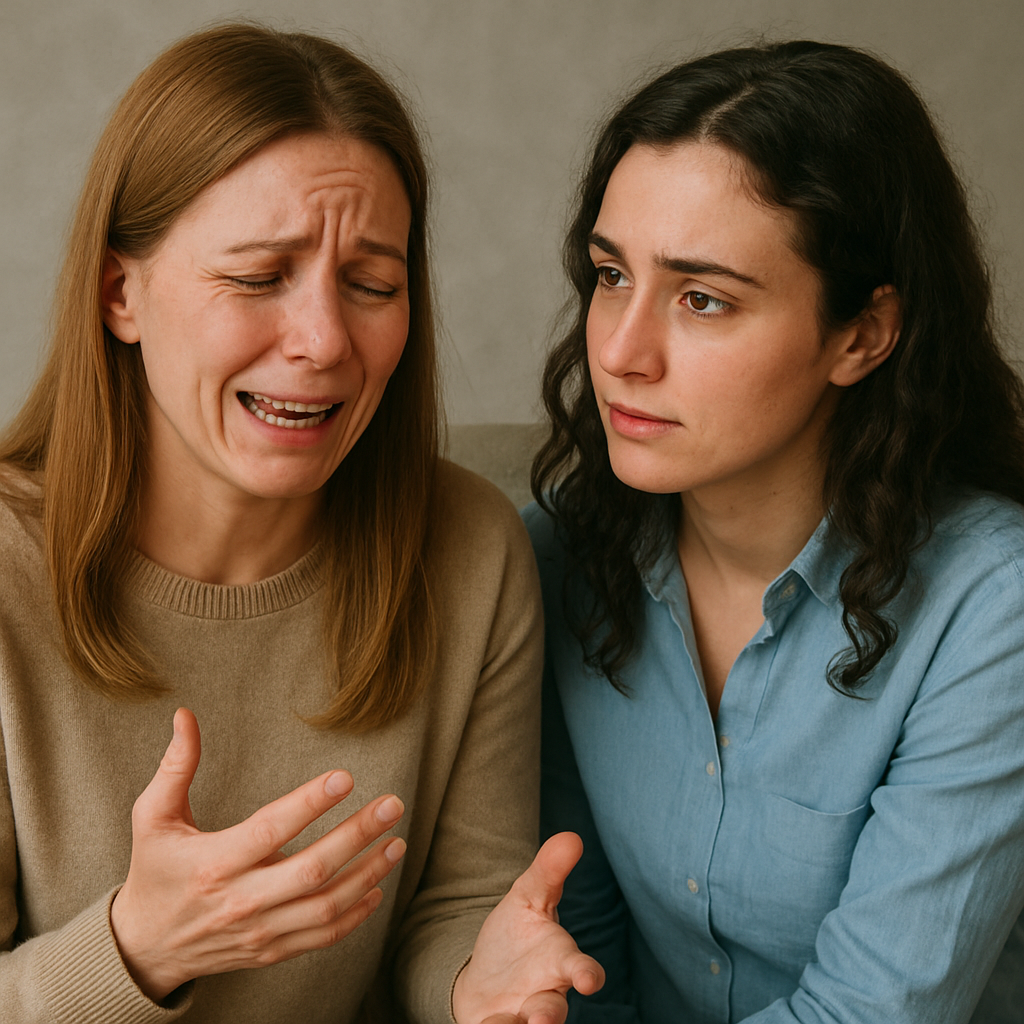 Two women sitting together, on crying while the other listens to her