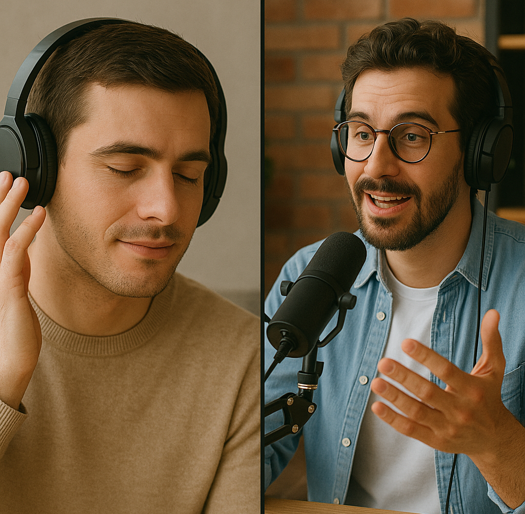 A person is listening to headphones on one side, while a podcaster is talking on the other