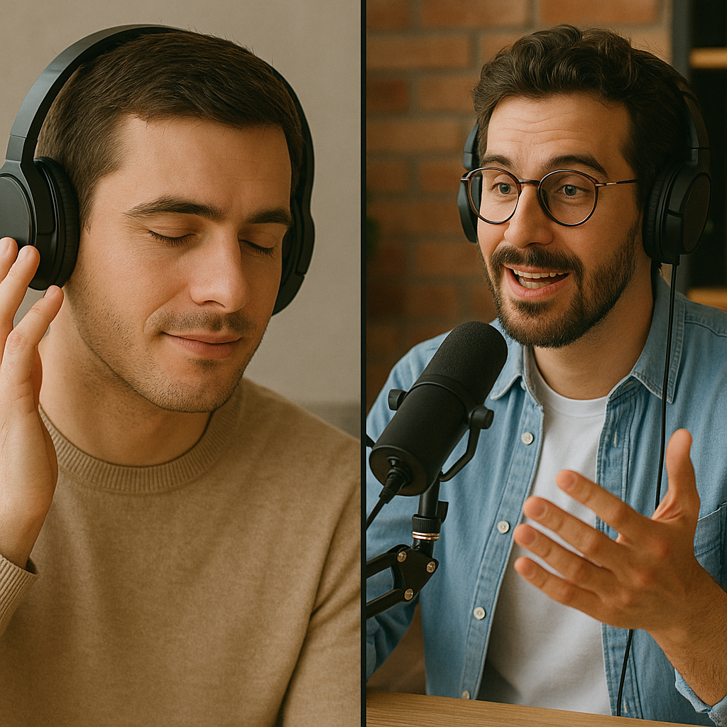 A person is listening to headphones on one side, while a podcaster is talking on the other